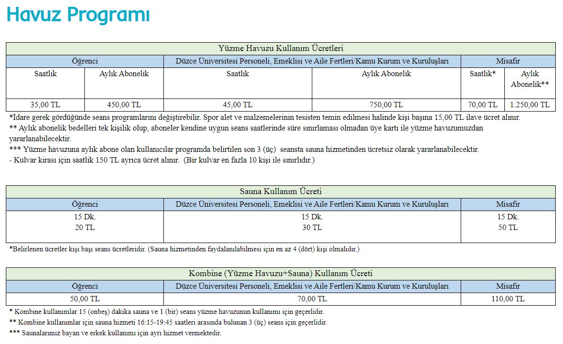 Düzce Üniversitesi havuz fiyatları